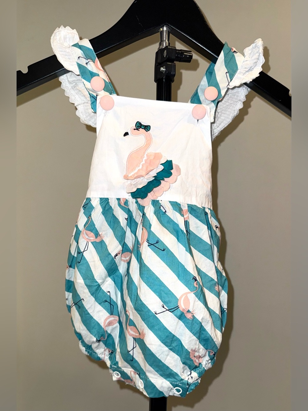 Lil Cactus Flamingo Ruffle Butt Romper with 3D flamingo appliqué, size 6-12 mos